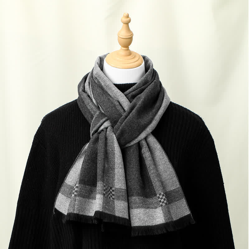 Buddha Stones Bufanda suave para hombre con flecos y estampado a cuadros vintage para otoño/invierno. - Gris - image 0