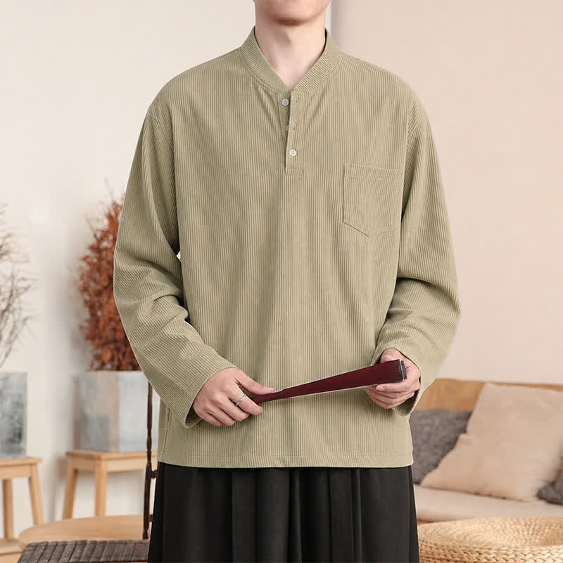 Buddha Stones Camisas de manga larga para hombre de pana lisa estilo Tang con cuello mandarín, estilo casual de otoño/invierno y bolsillo de parche. - Trigo - US/UK/AU44, EU54 (4XL) - image 0