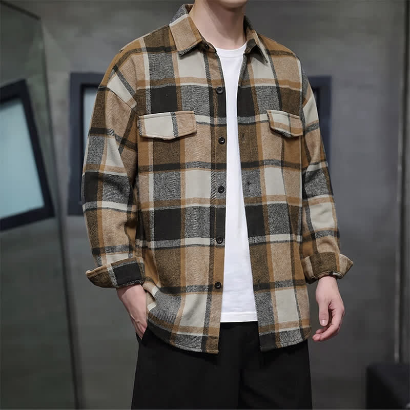 Buddha Stones Camisas de manga larga a cuadros con botones, estilo vintage, para hombre, ideales para primavera y otoño. - Vara de oro oscura - US/UK/AU42, EU52 (3XL) - image 0