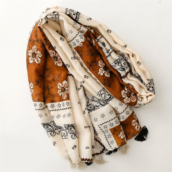 Buddha Stones Bufanda de mujer con borlas, estampado paisley y patchwork estilo boho para primavera y otoño. - image 1