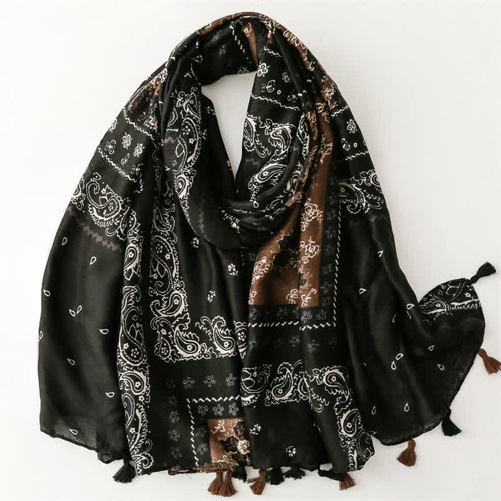 Buddha Stones Bufanda de mujer con borlas, estampado paisley y patchwork estilo boho para primavera y otoño. - Negro - image 8