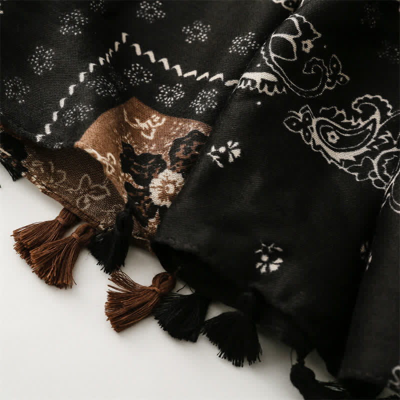 Buddha Stones Bufanda de mujer con borlas, estampado paisley y patchwork estilo boho para primavera y otoño. - image 10