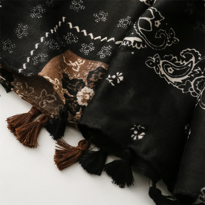 Buddha Stones Bufanda de mujer con borlas, estampado paisley y patchwork estilo boho para primavera y otoño. - image 10