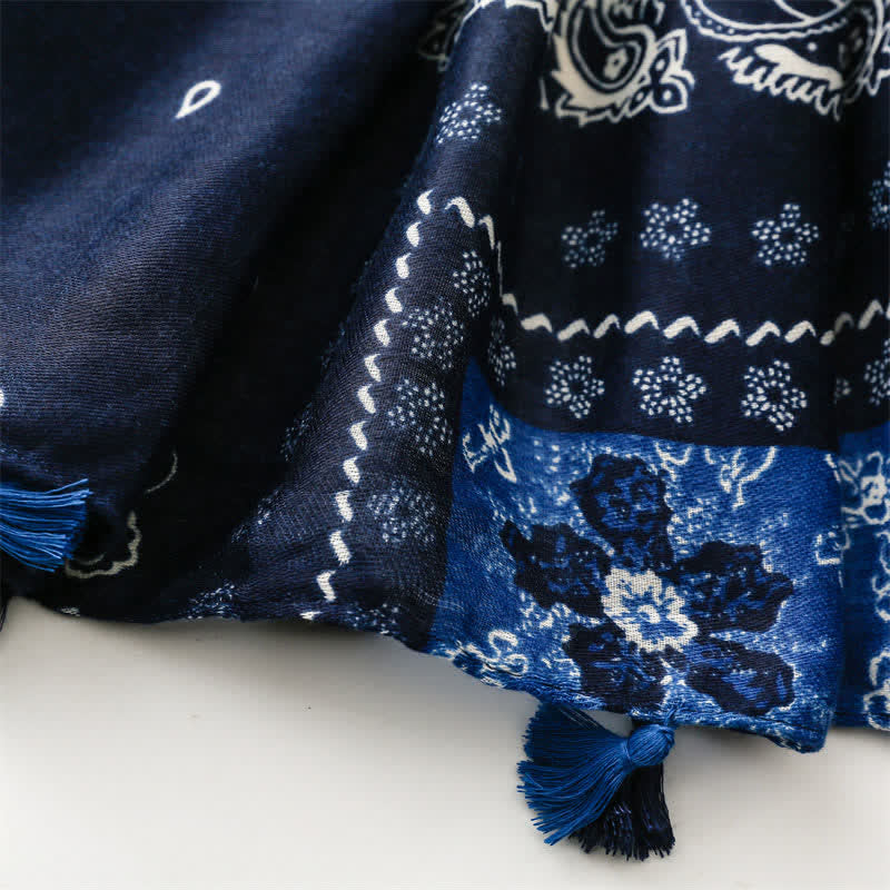 Buddha Stones Bufanda de mujer con borlas, estampado paisley y patchwork estilo boho para primavera y otoño. - image 13