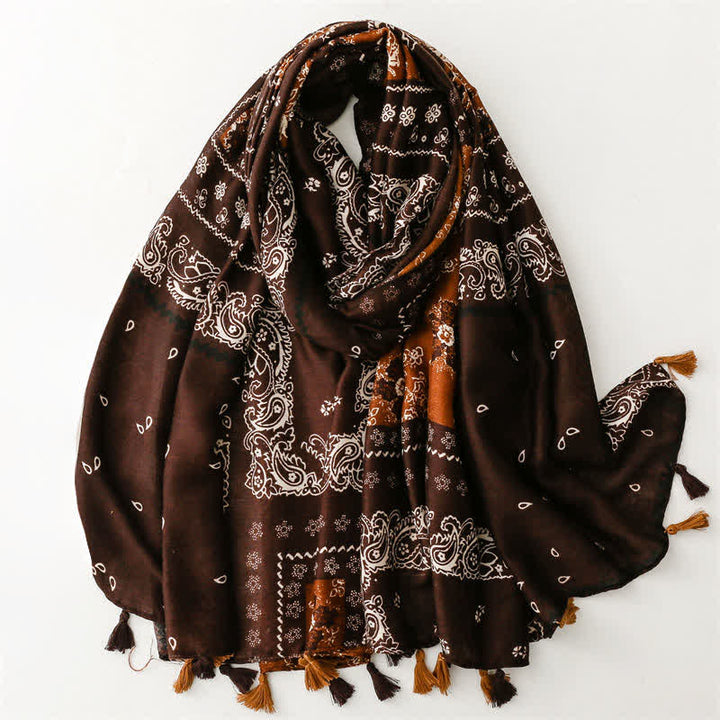 Buddha Stones Bufanda de mujer con borlas, estampado paisley y patchwork estilo boho para primavera y otoño. - Marrón silla de montar - image 14