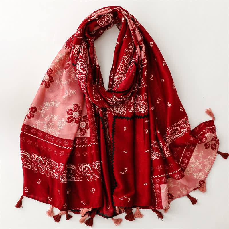 Buddha Stones Bufanda de mujer con borlas, estampado paisley y patchwork estilo boho para primavera y otoño. - Ladrillo refractario - image 17