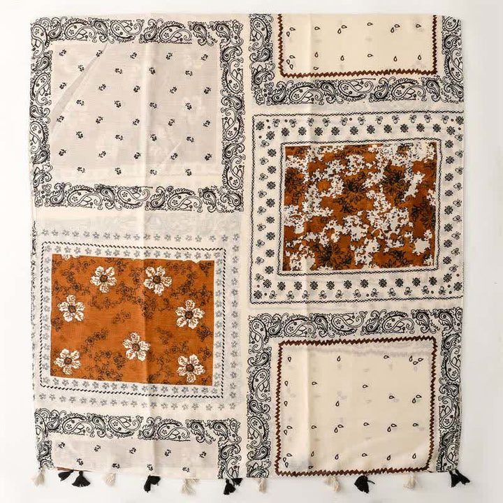 Buddha Stones Bufanda de mujer con borlas, estampado paisley y patchwork estilo boho para primavera y otoño. - image 3
