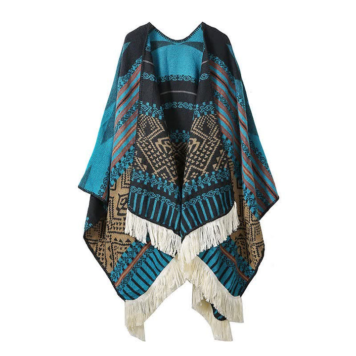 Buddha Stones Chal étnico de otoño/invierno con flecos geométricos y estilo tibetano para mujer. - Azul cielo profundo - image 2