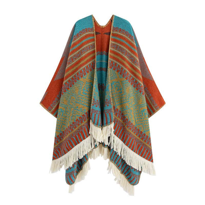 Buddha Stones Chal étnico de otoño/invierno con flecos geométricos y estilo tibetano para mujer. - Rojo anaranjado - image 0