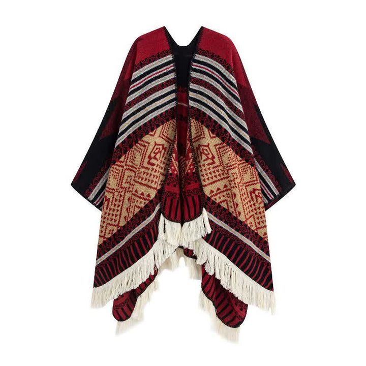 Buddha Stones Chal étnico de otoño/invierno con flecos geométricos y estilo tibetano para mujer. - Granate - image 1