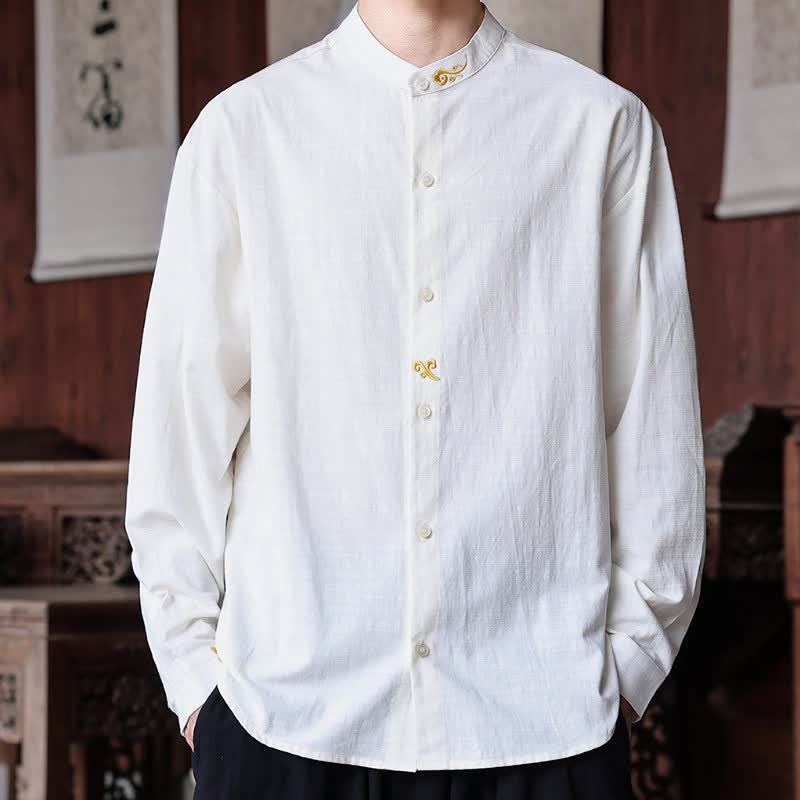 Buddha Stones Camisas de manga larga para hombre de estilo Tang minimalista con cuello mandarín y bordado, ideales para primavera y verano. - image 1