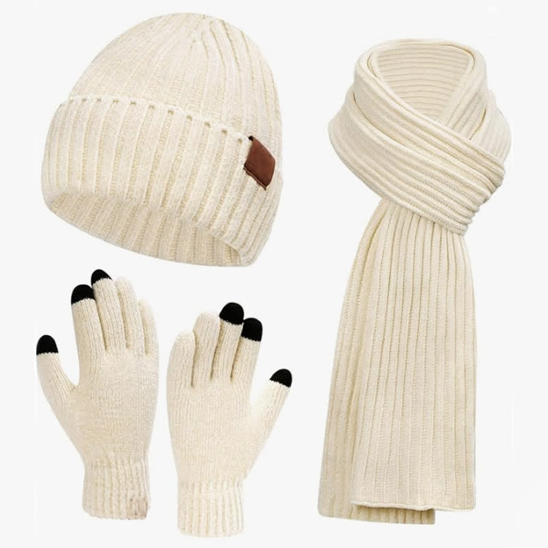 Buddha Stones Conjunto de 3 piezas de bufanda, gorro y guantes de punto acanalado para mujer, ideales para otoño e invierno. - Marfil - image 1