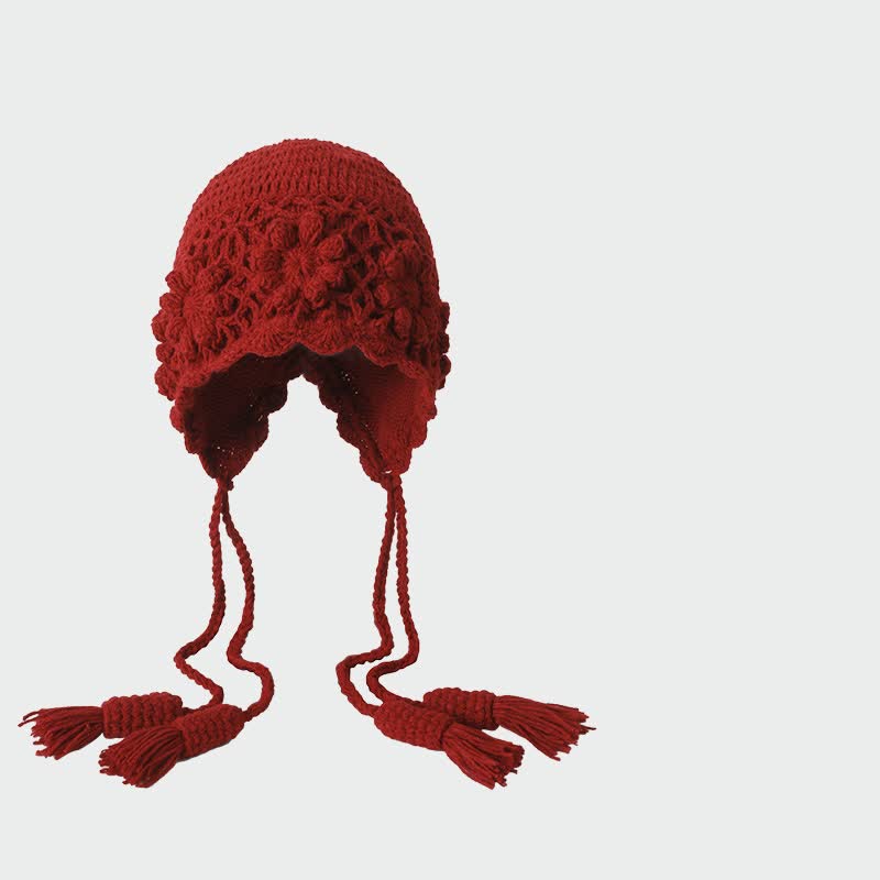 Buddha Stones Gorro de mujer de punto con borlas y estampado floral para otoño/invierno. - Rojo oscuro - Talla única (56-60 cm) - image 0