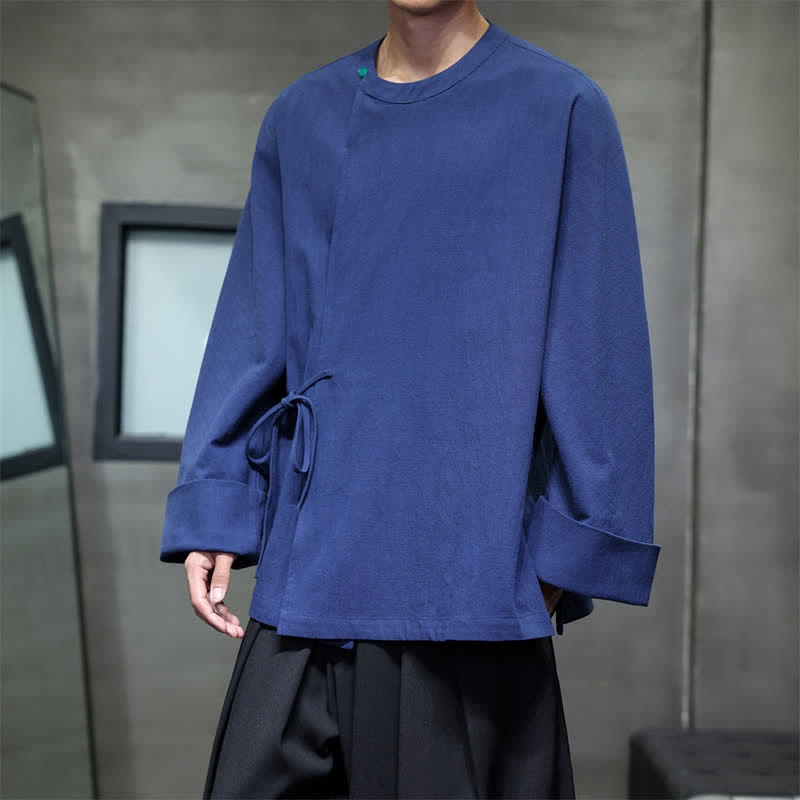 Buddha Stones Camisas de manga larga para hombre de estilo Tang, minimalistas, con cordones y de color liso. - image 1