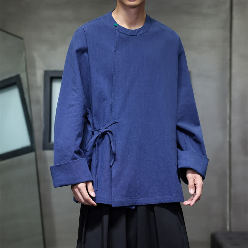 Buddha Stones Camisas de manga larga para hombre de estilo Tang, minimalistas, con cordones y de color liso. - Marina de guerra - US/UK/AU48, UE58 (4XL) - image 0