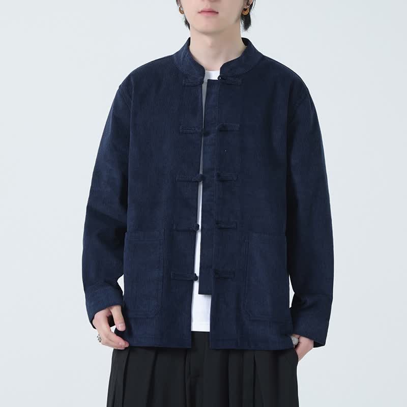 Buddha Stones Chaqueta de pana lisa para hombre, estilo Tang, con botones de rana y bolsillos, ideal para otoño/invierno. - image 1