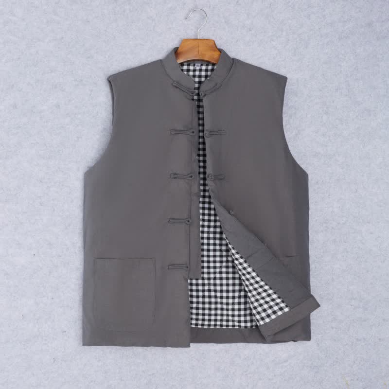 Buddha Stones Chaleco para hombre de estilo minimalista Tang con cuello mandarín, nudo y botones, ideal para primavera y otoño. - Gris oscuro - US/UK/AU44, EU54 (4XL) - image 10