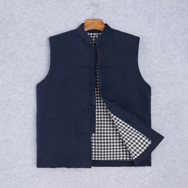Buddha Stones Chaleco para hombre de estilo minimalista Tang con cuello mandarín, nudo y botones, ideal para primavera y otoño. - Azul medianoche - US/UK/AU44, EU54 (4XL) - image 1