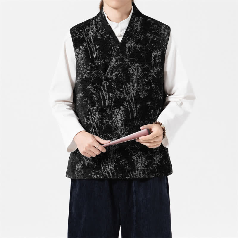 Buddha Stones Chaleco para hombre estilo Tang vintage con botones y estampado abstracto de bambú. - Negro - US/UK/AU46, EU56 (5XL) - image 0