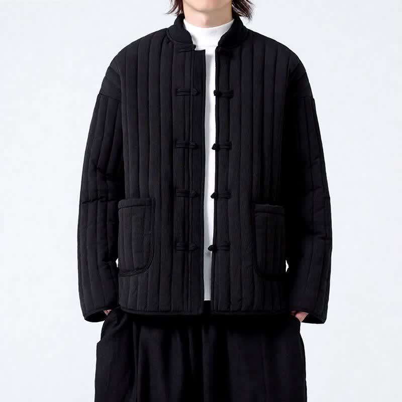 Buddha Stones Chaqueta de hombre lisa con bolsillos, diseño minimalista acolchado estilo Tang para otoño/invierno, botones de rana y estilo clásico. - image 1
