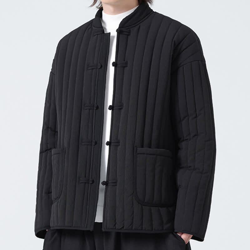 Buddha Stones Chaqueta de hombre lisa con bolsillos, diseño minimalista acolchado estilo Tang para otoño/invierno, botones de rana y estilo clásico. - Negro - US/UK/AU46, EU56 (5XL) - image 0