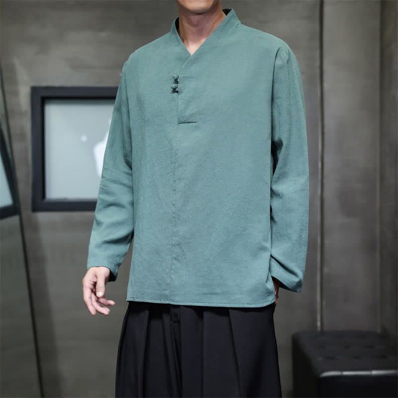 Buddha Stones Camisas de manga larga de algodón liso para hombre, estilo Tang, informales, con botones de rana, ideales para primavera y verano. - Azul cadete - US/UK/AU46, EU56 (5XL) - image 0