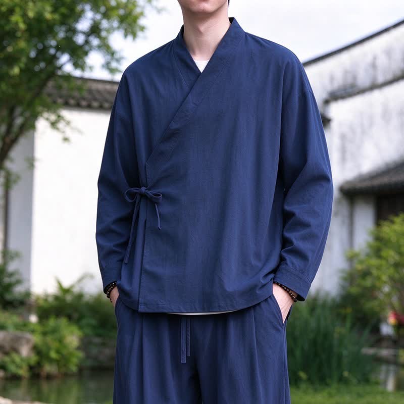 Buddha Stones Kimono de hombre de algodón y lino liso con cordón ajustable, estilo Tang, ideal para meditación, primavera y otoño. - Azul medianoche - US/UK/AU46, EU56 (5XL) - image 0