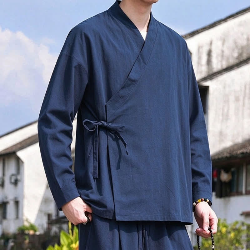 Buddha Stones Kimono de hombre de algodón y lino liso con cordón ajustable, estilo Tang, ideal para meditación, primavera y otoño. - image 1