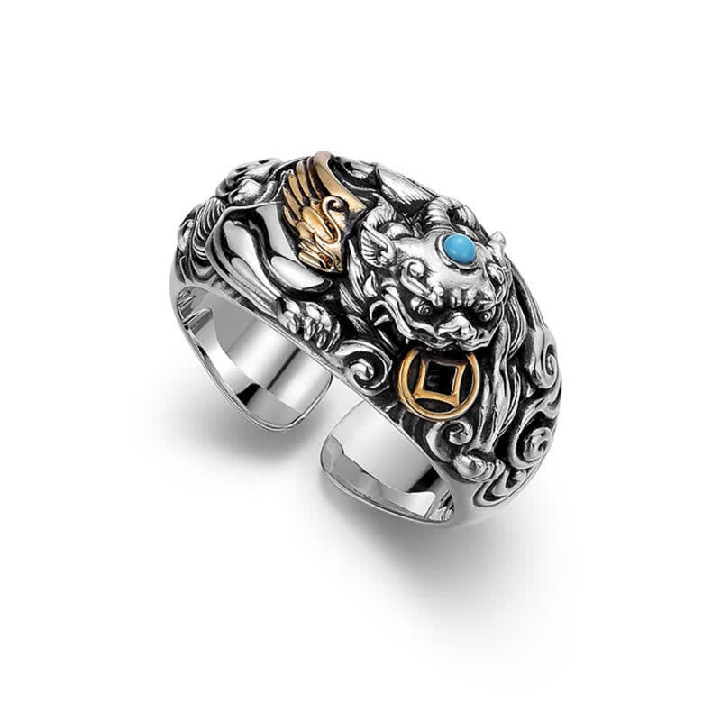 Buddha Stones Anillo ajustable de cobre con relieve tallado de Pi Xiu para conexión a tierra y prosperidad. - image 1