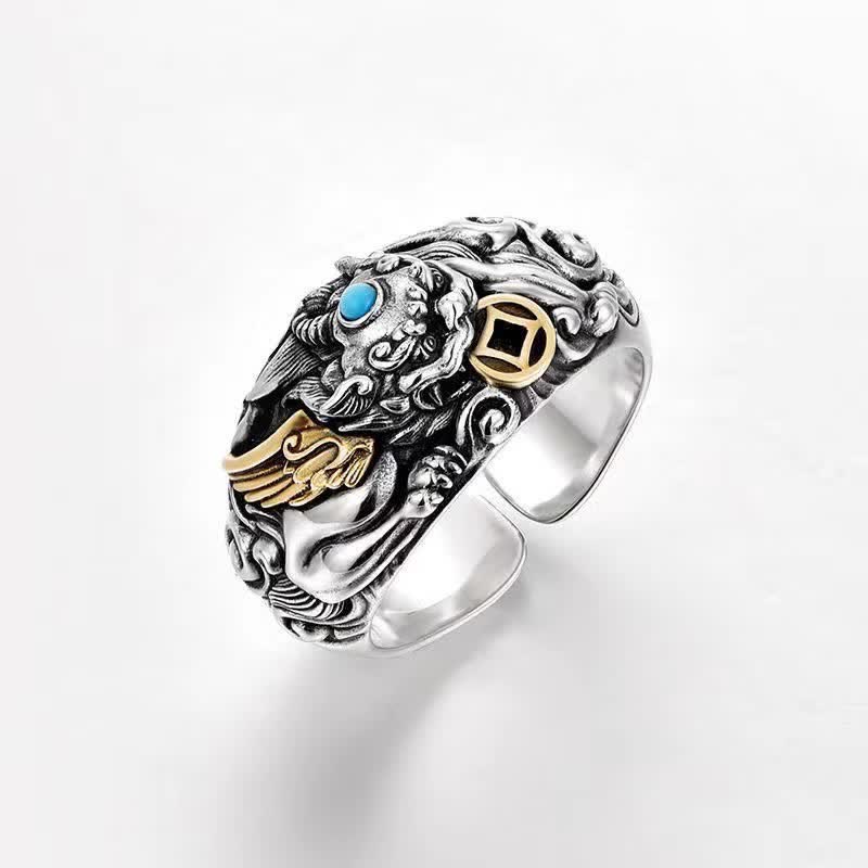 Buddha Stones Anillo ajustable de cobre con relieve tallado de Pi Xiu para conexión a tierra y prosperidad. - PiXiu - Aprox. 19,36 mm (US. 9) - image 0