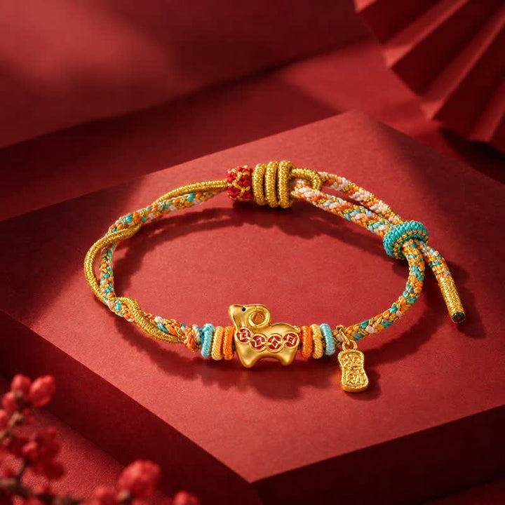 Buddha Stones Pulsera de hilo trenzado con dije de oveja de cobre colorida del Año de la Cabra - Oveja de la riqueza - image 0