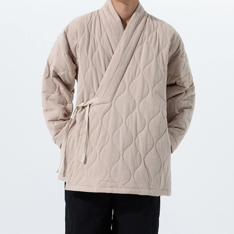 Buddha Stones Kimono de hombre de algodón liso acolchado con cordón ajustable, estilo Tang, para otoño/invierno, con bolsillos. - image 33