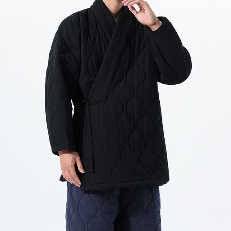 Buddha Stones Kimono de hombre de algodón liso acolchado con cordón ajustable, estilo Tang, para otoño/invierno, con bolsillos. - image 22