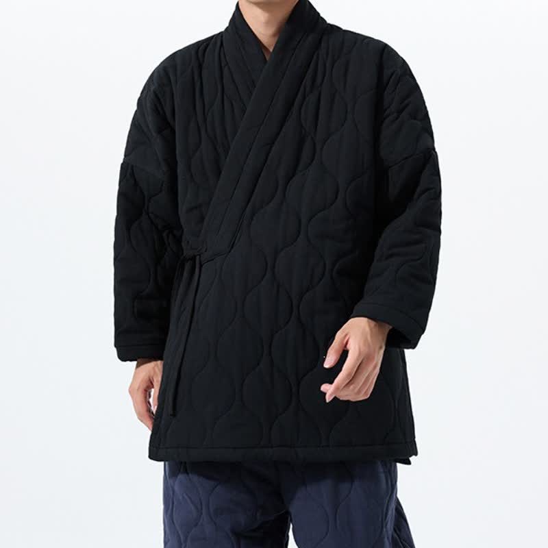 Buddha Stones Kimono de hombre de algodón liso acolchado con cordón ajustable, estilo Tang, para otoño/invierno, con bolsillos. - image 24