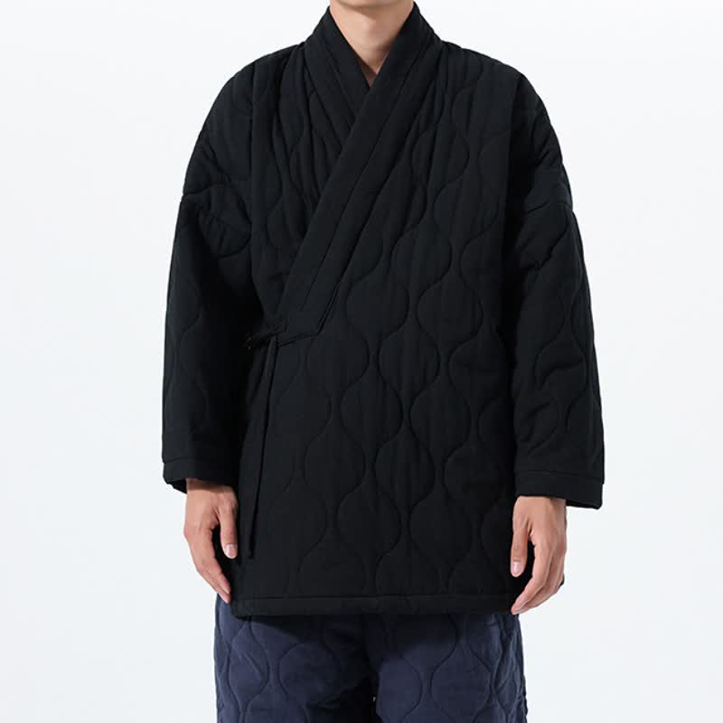 Buddha Stones Kimono de hombre de algodón liso acolchado con cordón ajustable, estilo Tang, para otoño/invierno, con bolsillos. - image 23