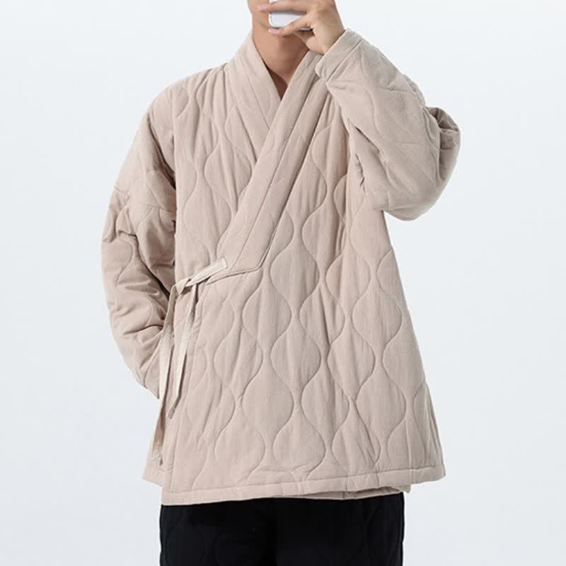 Buddha Stones Kimono de hombre de algodón liso acolchado con cordón ajustable, estilo Tang, para otoño/invierno, con bolsillos. - image 28
