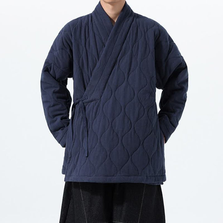 Buddha Stones Kimono de hombre de algodón liso acolchado con cordón ajustable, estilo Tang, para otoño/invierno, con bolsillos. - image 5