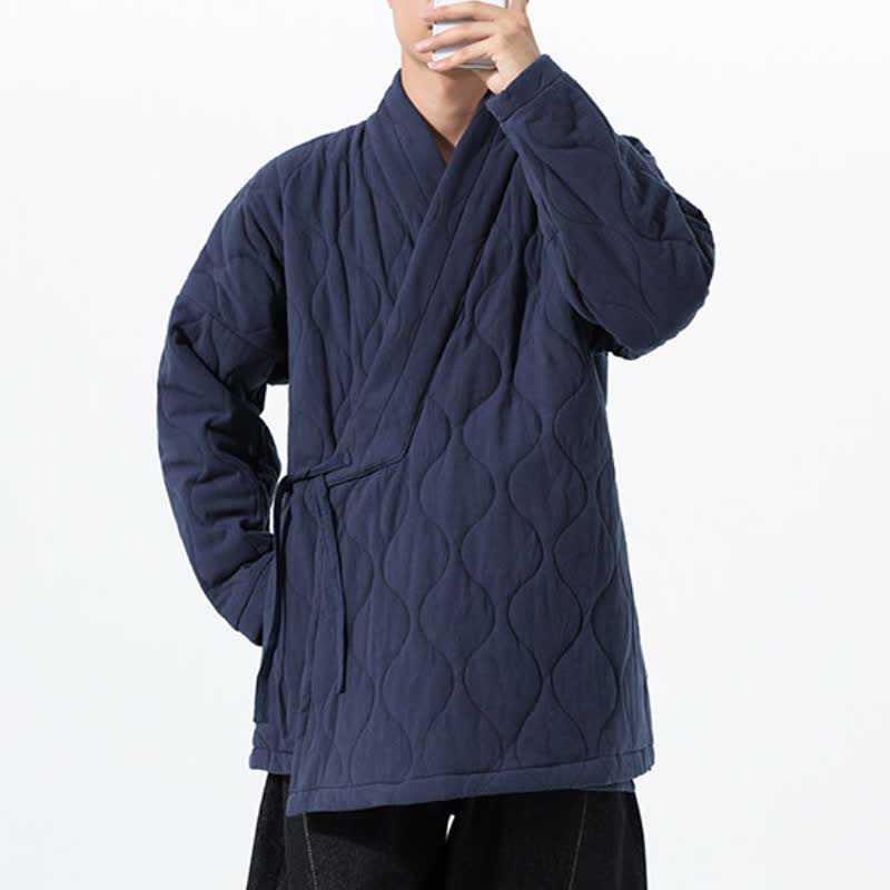 Buddha Stones Kimono de hombre de algodón liso acolchado con cordón ajustable, estilo Tang, para otoño/invierno, con bolsillos. - image 7