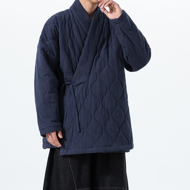 Buddha Stones Kimono de hombre de algodón liso acolchado con cordón ajustable, estilo Tang, para otoño/invierno, con bolsillos. - image 3