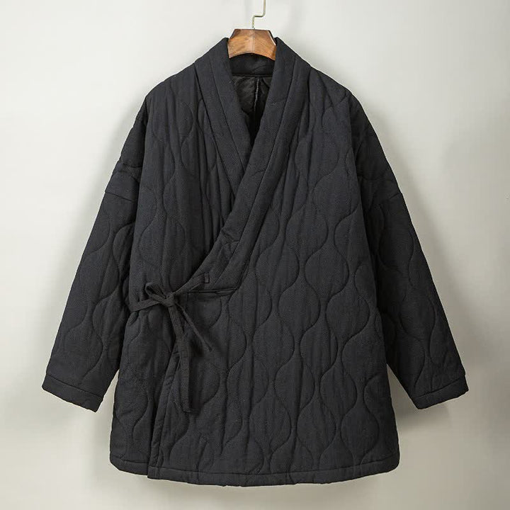 Buddha Stones Kimono de hombre de algodón liso acolchado con cordón ajustable, estilo Tang, para otoño/invierno, con bolsillos. - image 26