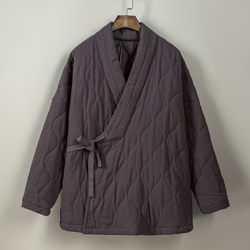 Buddha Stones Kimono de hombre de algodón liso acolchado con cordón ajustable, estilo Tang, para otoño/invierno, con bolsillos. - image 18