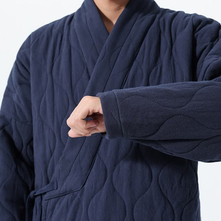 Buddha Stones Kimono de hombre de algodón liso acolchado con cordón ajustable, estilo Tang, para otoño/invierno, con bolsillos. - image 13
