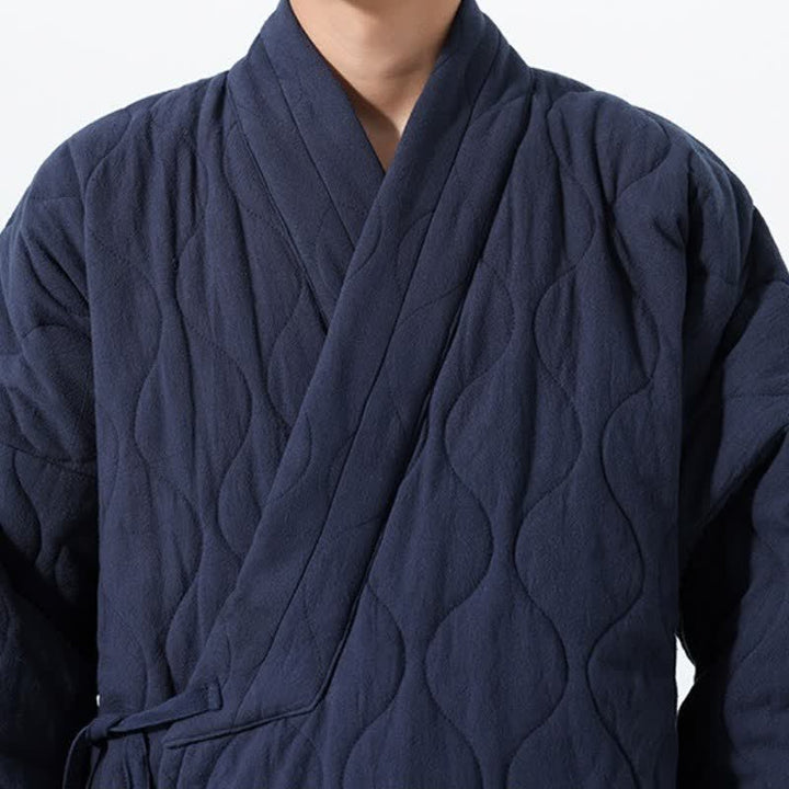 Buddha Stones Kimono de hombre de algodón liso acolchado con cordón ajustable, estilo Tang, para otoño/invierno, con bolsillos. - image 10
