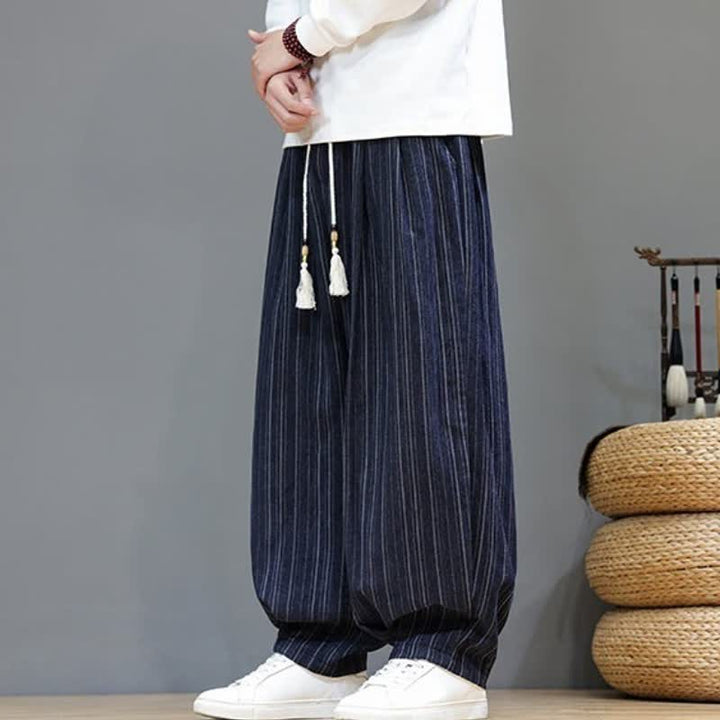 Buddha Stones Pantalones largos de hombre de corte recto con cordón ajustable y rayas, estilo casual de otoño. - image 25