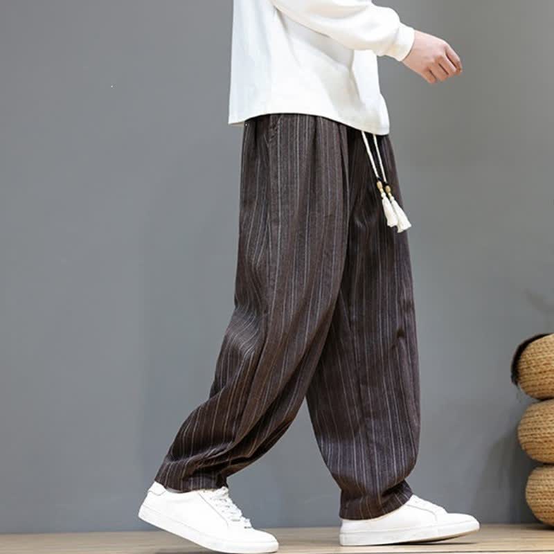 Buddha Stones Pantalones largos de hombre de corte recto con cordón ajustable y rayas, estilo casual de otoño. - image 3