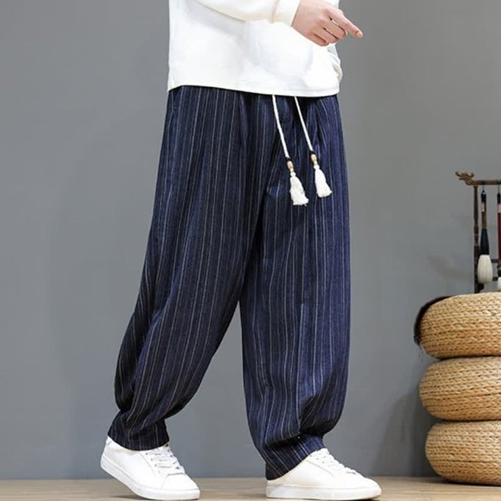 Buddha Stones Pantalones largos de hombre de corte recto con cordón ajustable y rayas, estilo casual de otoño. - image 24