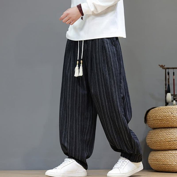 Buddha Stones Pantalones largos de hombre de corte recto con cordón ajustable y rayas, estilo casual de otoño. - image 14