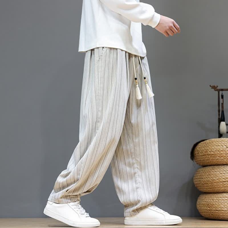 Buddha Stones Pantalones largos de hombre de corte recto con cordón ajustable y rayas, estilo casual de otoño. - image 31