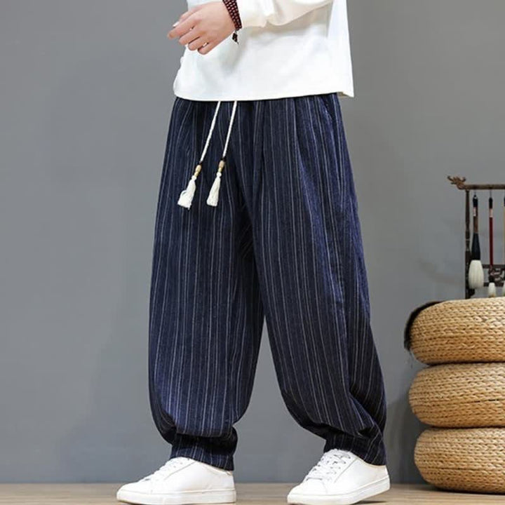 Buddha Stones Pantalones largos de hombre de corte recto con cordón ajustable y rayas, estilo casual de otoño. - image 22