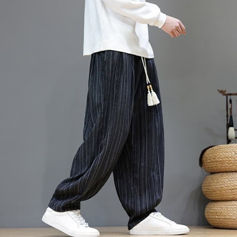 Buddha Stones Pantalones largos de hombre de corte recto con cordón ajustable y rayas, estilo casual de otoño. - image 16